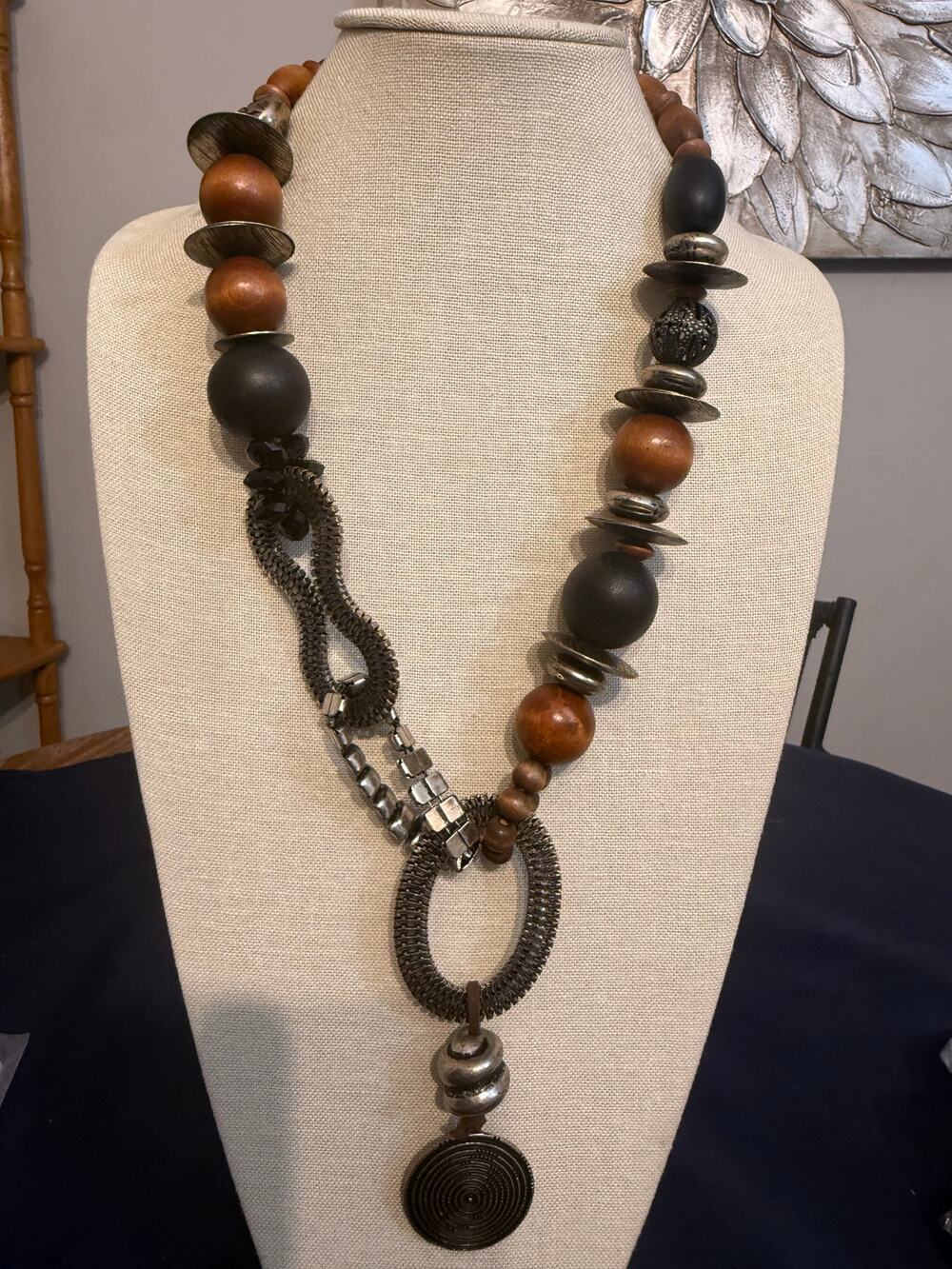 Vintage 24” Chunky Wood & Metal Runway Statement Necklace